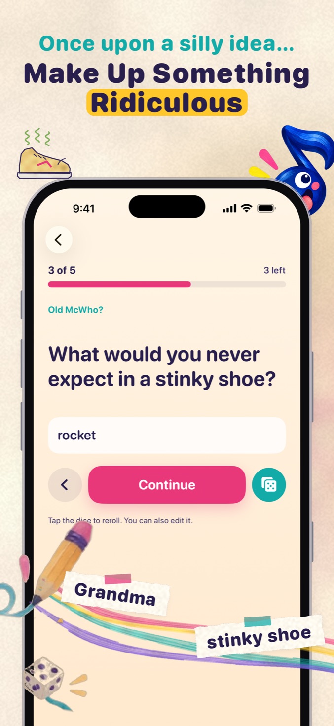 GoofyTunes Make a Song screen asking “What would you never expect in a stinky shoe?” with the answer “rocket” typed in