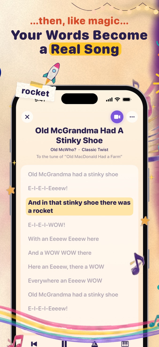 Finished song “Old McGrandma Had A Stinky Shoe” to the tune of Old MacDonald, with the current lyric line highlighted for singing along