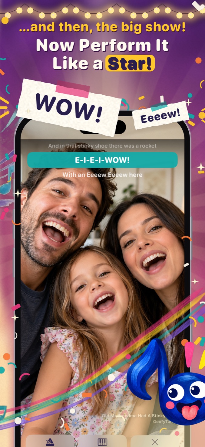 A laughing family singing together in GoofyTunes performance mode, with karaoke lyrics shown over the camera view
