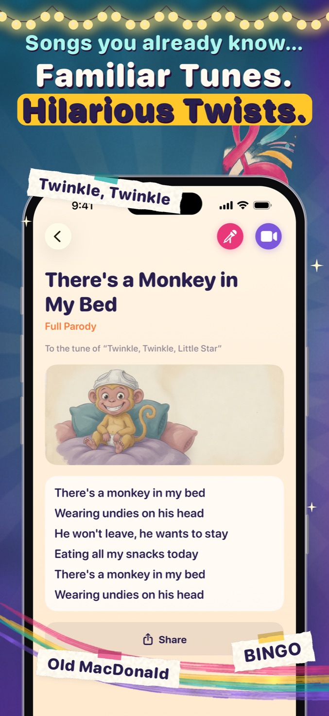 Curated GoofyTunes song “There’s a Monkey in My Bed” to the tune of Twinkle, Twinkle, Little Star, with a picture of a monkey wearing undies on his head