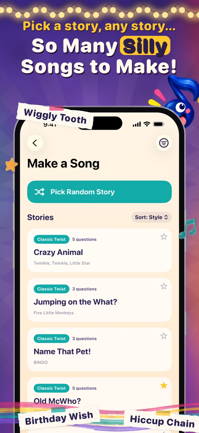 GoofyTunes story list with a Pick Random Story button and stories like Crazy Animal, Jumping on the What?, and Name That Pet!