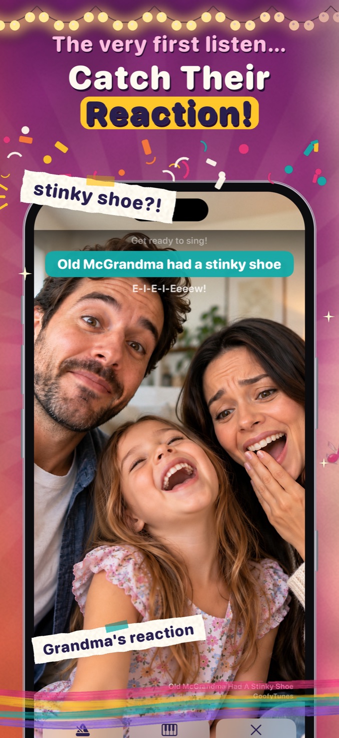A family reacting with laughter and surprise as the lyric “Old McGrandma had a stinky shoe” appears on screen
