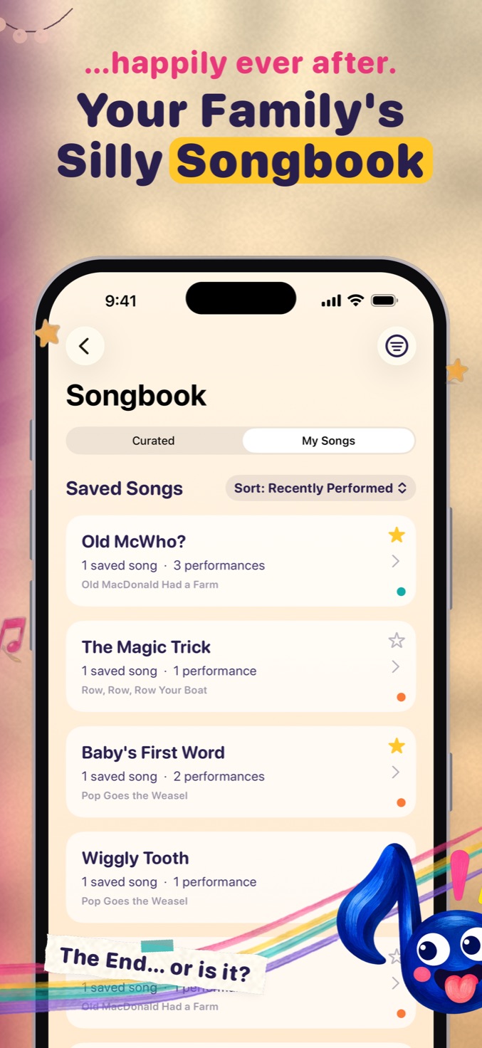 GoofyTunes Songbook showing saved family songs like Old McWho?, The Magic Trick, and Wiggly Tooth with performance counts