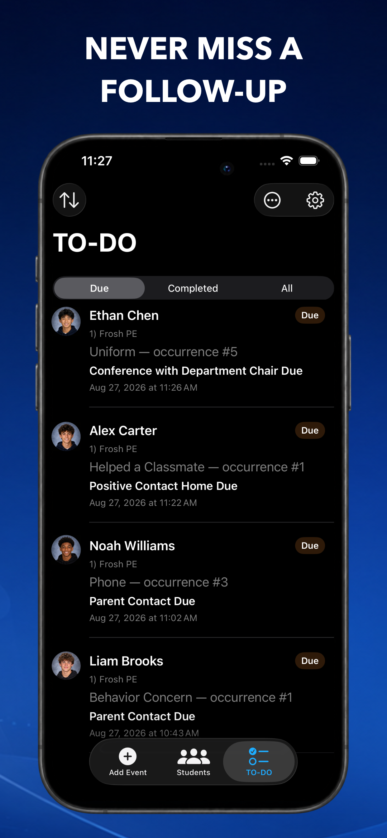 QuickMark TO-DO list with due follow-ups such as parent contact and positive contact home