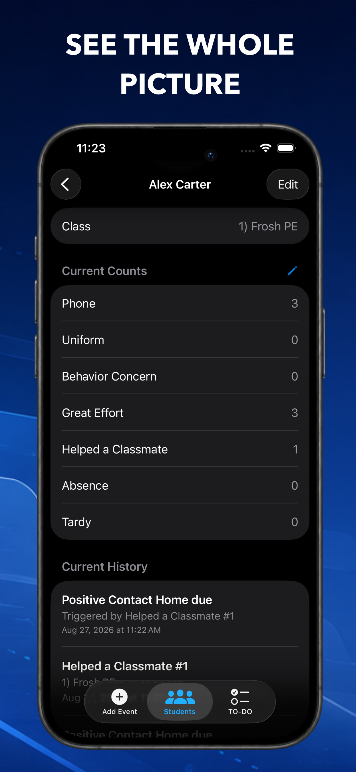 Student profile in QuickMark showing event counts and a running history